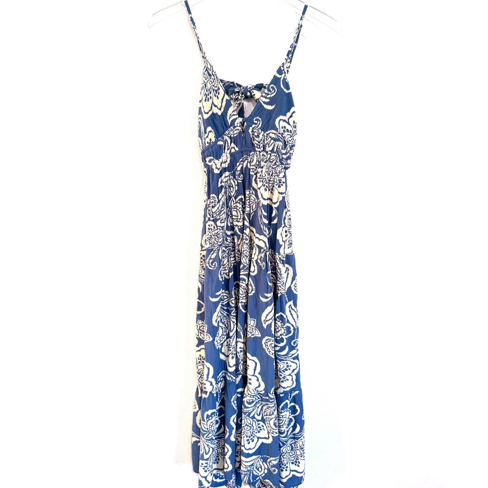 Angie V-Neck Twist Front Tie Back Boho Floral Tiered Maxi Dress in Blue & Cream